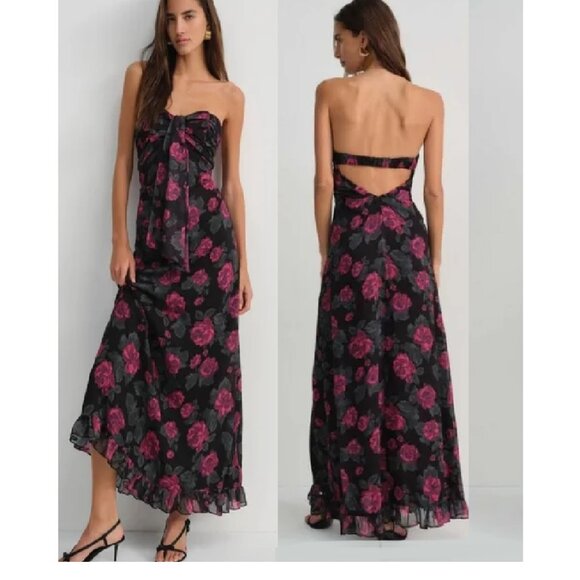 NEW FOR LOVE & LEMONS TEAGAN STRAPLESS FLORAL PRINT BLACK MAXI DRESS SIZE M - Picture 1 of 11